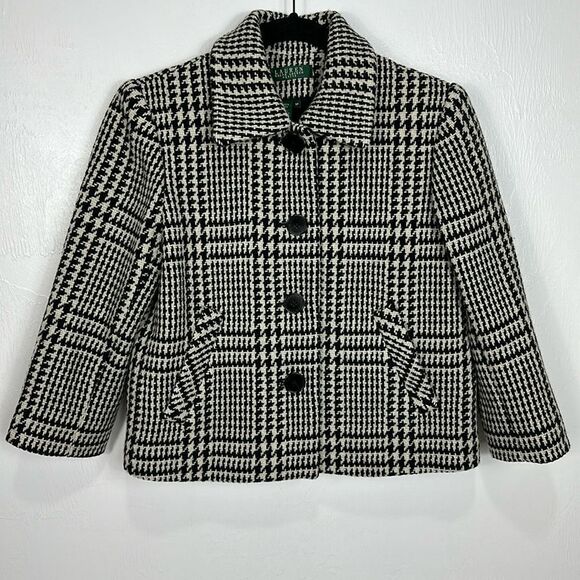 Ralph Lauren Wool Blend 3/4 Sleeve Houndstooth Print Coat Size 6P - Picture 1 of 10